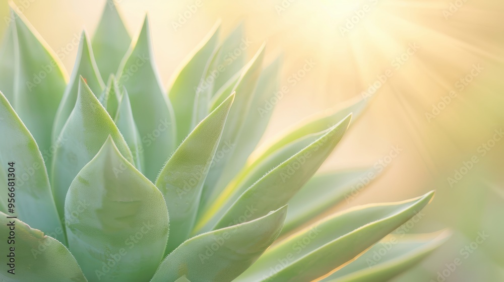 Fototapeta premium Closeup of green agave plant in bright sunlight with soft focus background