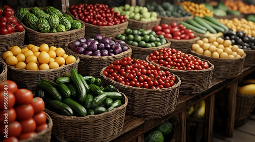 Vibrant market display featuring assorted fresh vegetables arranged in wicker baskets, showcasing their natural colors and textures.