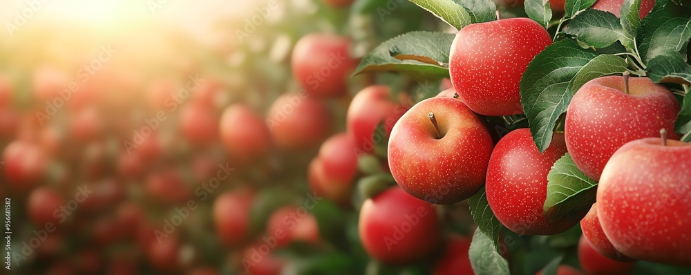 Obraz premium Vibrant red apples hang on trees in a sunlit orchard, showcasing the beauty and abundance of nature's harvest.