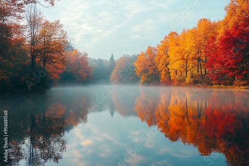 A calm lake reflects vivid autumn colors of fiery oranges, reds, and yellows. Light mist hovers over the water in the peaceful early morning scene. photo