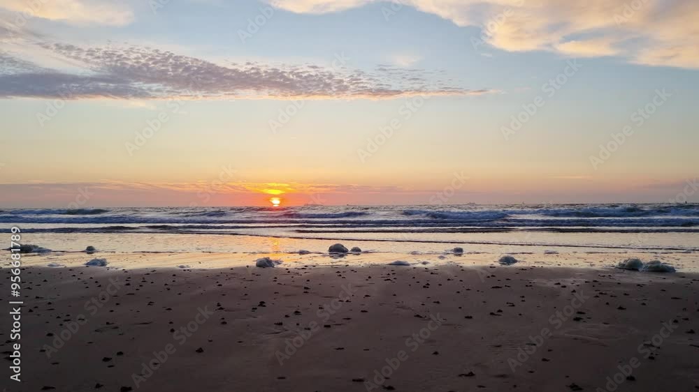 Serene Beach Sunrise with Gentle Waves and Clouds - Perfect for Summer Vacation Promotions, Travel Posters, and Nature Wall Art Serene Beach Sunrise with Gentle Waves and Clouds - Perfect for Summer Vacation Promotions, Travel Posters, and Nature Wall Art