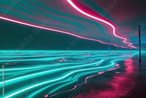 Turquoise Glow Neon Wave Wallpaper with Surreal Imagery Background photo