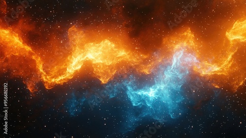 Colorful nebula in orange and blue with stars depicted in a 3D cartoon rendering of a space background Digital painting 3D rendering