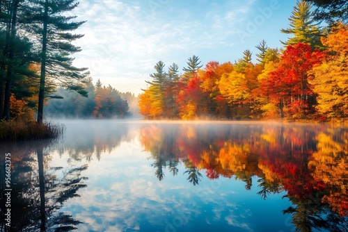 A calm lake reflects vivid autumn colors of fiery oranges, reds, and yellows. Light mist hovers over the water in the peaceful early morning scene. photo