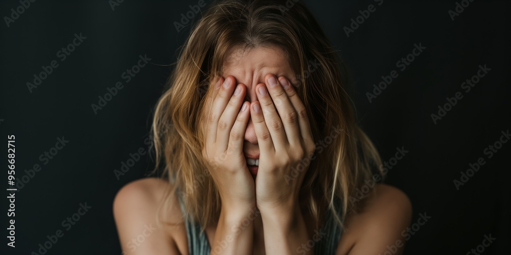A poignant image of a person with hands covering their face, embodying deep emotions of stress or sadness, captured against a dark and moody background. A poignant image of a person with hands covering their face, embodying deep emotions of stress or sadness, captured against a dark and moody background.