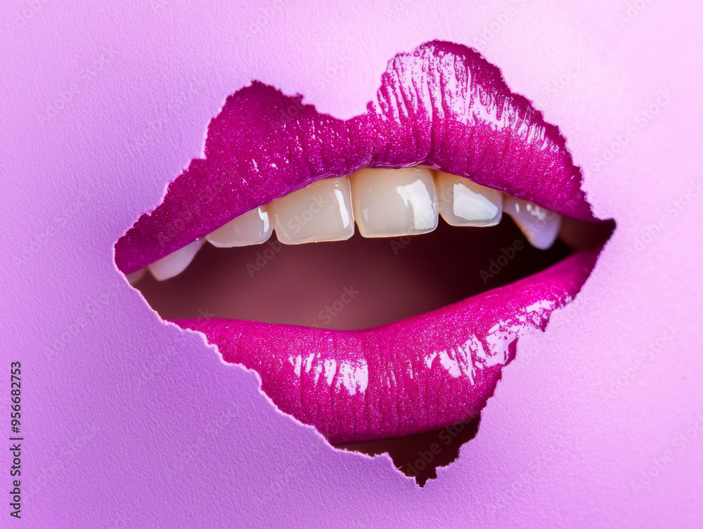 A woman's mouth is open, revealing her teeth and pink lipstick. Concept ...