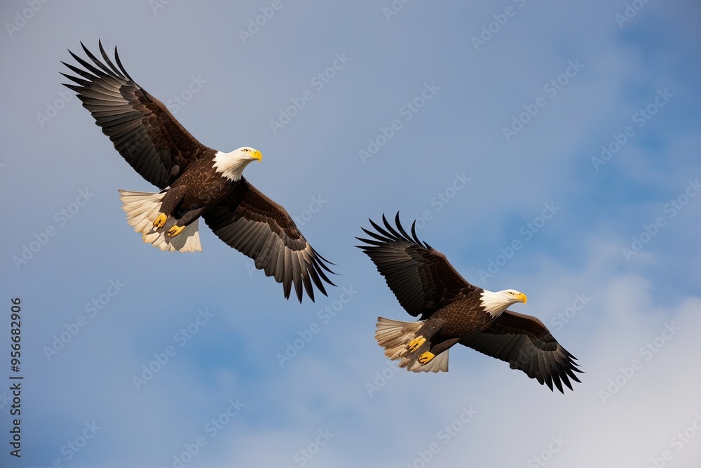 Obraz premium Majestic Eagles Flying in Clear Blue Sky Background