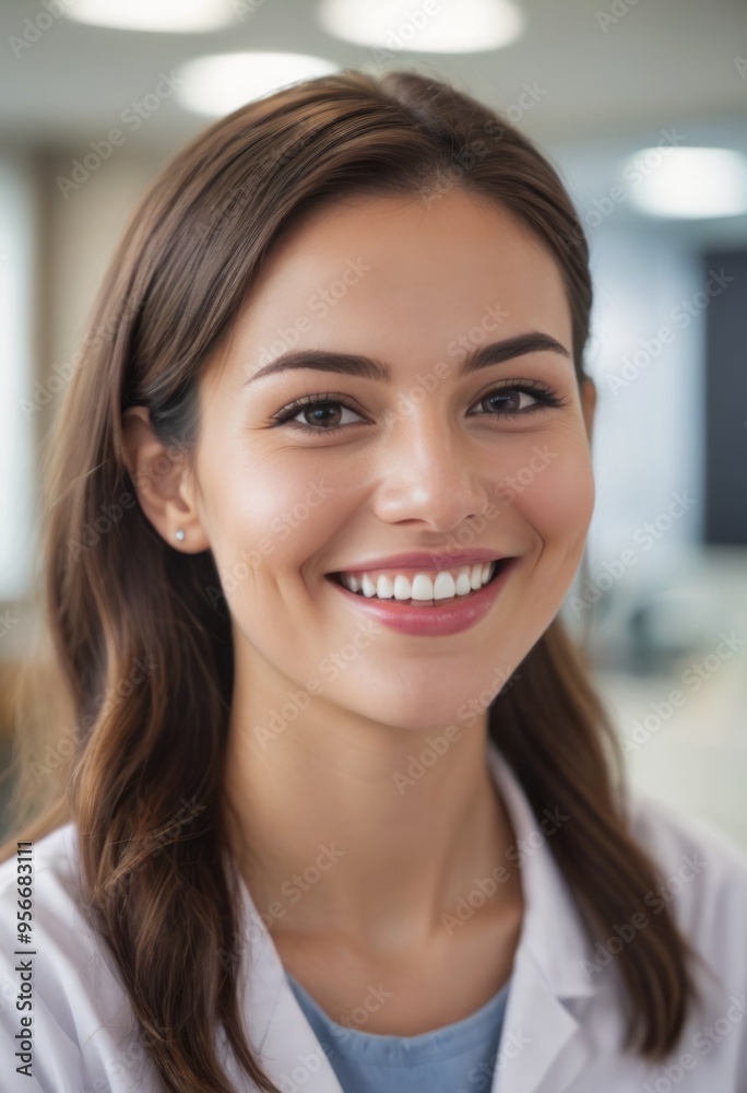 Fototapeta premium A female doctor smiling confidently in a clinical setting with blurred background.