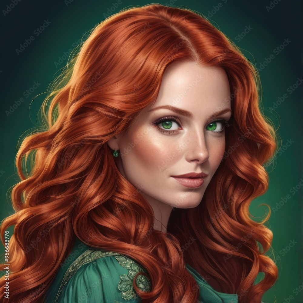 Obraz premium Elegant Red-Haired Woman with Soft Curls and a Serene Expression 