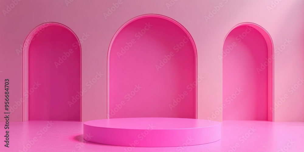 Pink display stand or podium on an advertising background with empty backdrops 3D rendering Pink display stand or podium on an advertising background with empty backdrops 3D rendering