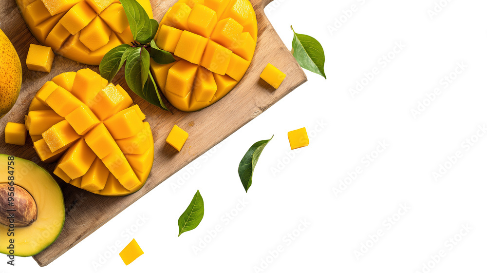 Sliced ​​mango on wooden cutting board