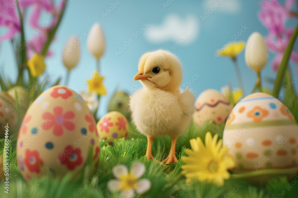 A cute yellow chick standing on Easter eggs nestled among grass, festive spring Easter background