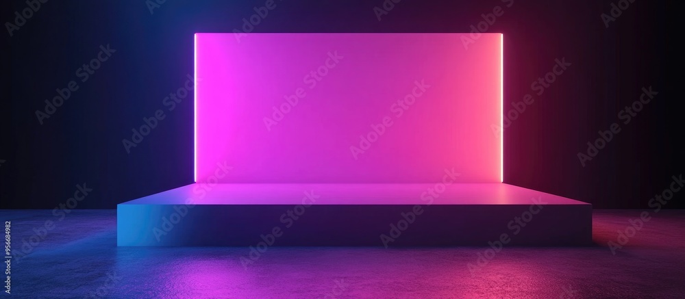 Blank product display with neon lights in a dark room background 3D rendering illustration Blank product display with neon lights in a dark room background 3D rendering illustration