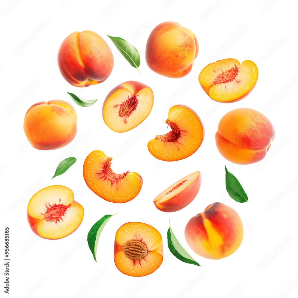 Peach and cut peaches falling background