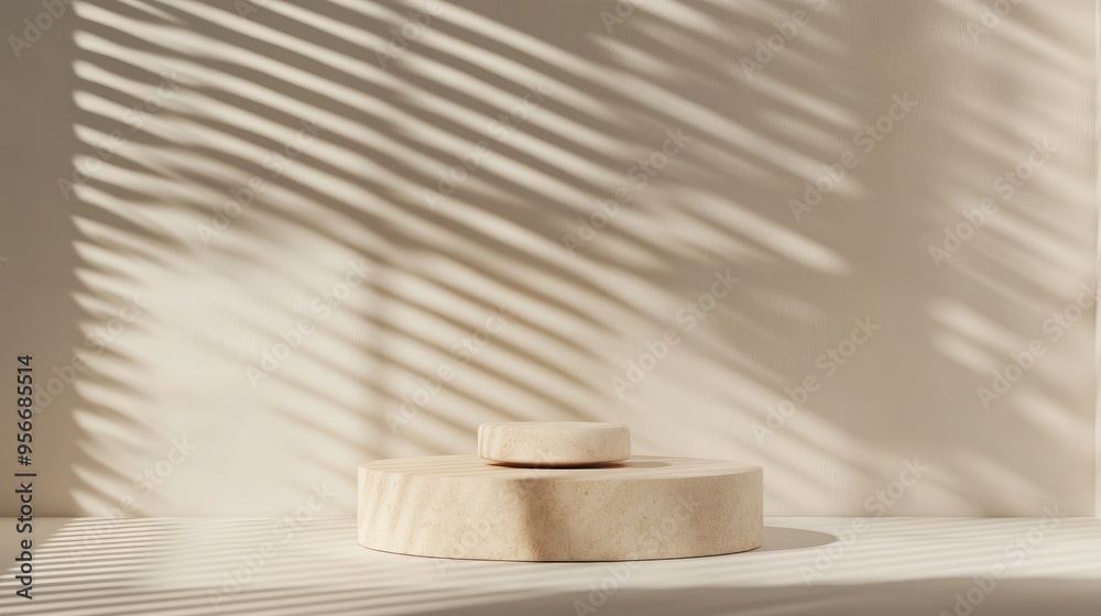 Cosmetic product presentation template featuring an object display on a beige geometric abstract block podium with shadows created by textured wall window blinds in a 3D rendering Cosmetic product presentation template featuring an object display on a beige geometric abstract block podium with shadows created by textured wall window blinds in a 3D rendering