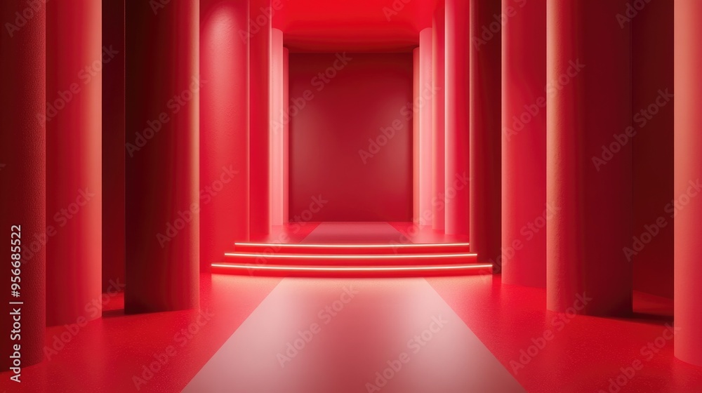 Red podium with a minimal abstract backdrop suitable for Christmas featuring an empty floor and corridor illuminated for product display showcasing a technological interior concept in a 3D render Red podium with a minimal abstract backdrop suitable for Christmas featuring an empty floor and corridor illuminated for product display showcasing a technological interior concept in a 3D render