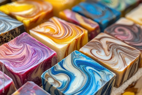 Colorful artisan soaps with swirling patterns - handmade bath gift ideas. photo