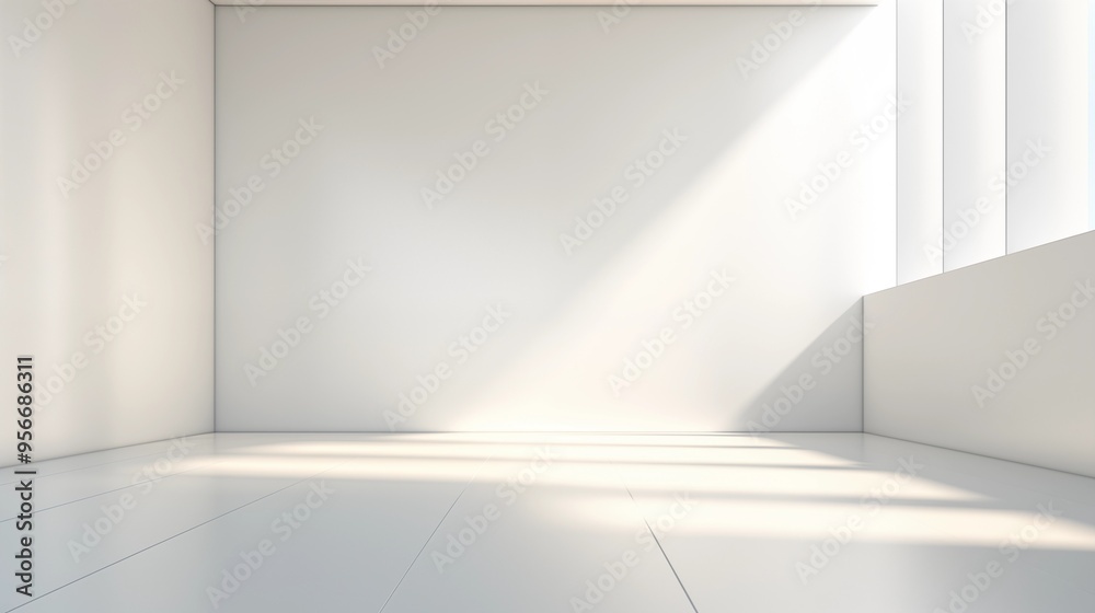 Fototapeta premium Minimalist Abstract White Background with Soft Shadows and Light Reflections, Ideal for Product Display or Advertising Backdrop in a Studio Setting.