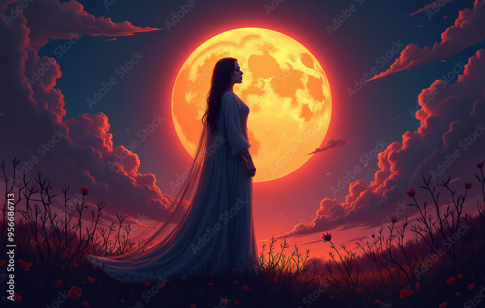 A young woman in a long dress stands against the backdrop of a large yellow moon A young woman in a long dress stands against the backdrop of a large yellow moon