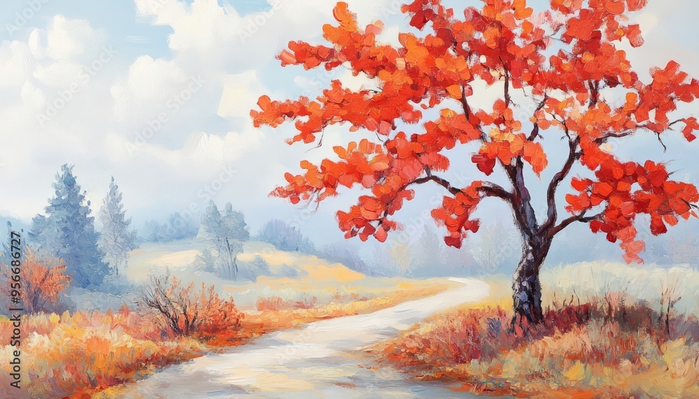 A vibrant autumn landscape featuring a striking red tree beside a winding road under a clear sky, evoking tranquility and beauty. A vibrant autumn landscape featuring a striking red tree beside a winding road under a clear sky, evoking tranquility and beauty.