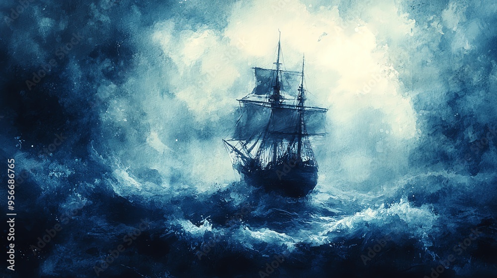 Ghost ship, sailing through a stormy night, spectral glow, Watercolor style Ghost ship, sailing through a stormy night, spectral glow, Watercolor style