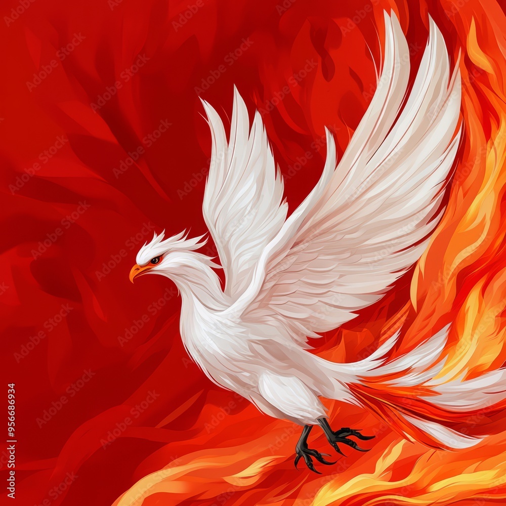 A majestic white phoenix rising from vivid flames, symbolizing rebirth and strength against a backdrop of fiery colors. A majestic white phoenix rising from vivid flames, symbolizing rebirth and strength against a backdrop of fiery colors.