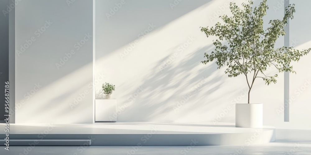 Obraz premium Minimalist studio scene featuring a white room product stand and tree 3D rendering