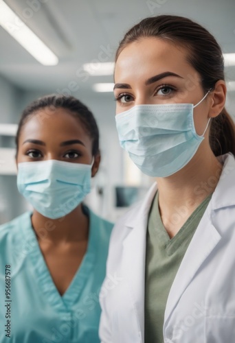 Two female doctors wearing protective masks in a hospital, ready for medical procedures.