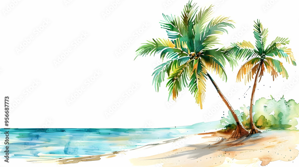 Obraz premium Holiday summer travel vacation illustration - Watercolor painting of palms, palm tree on teh beach with ocean sea, design for logo or t shirt, isolated on white background