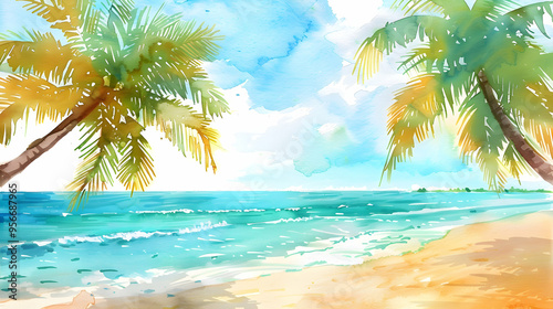 Illustration of palm trees on the beach with ocean sea, watercolor painting of palm trees