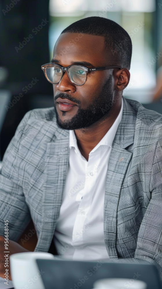 The man sits at a desk, deep in concentration, wearing a checked suit jacket and glasses, reflecting a focused work environment The man sits at a desk, deep in concentration, wearing a checked suit jacket and glasses, reflecting a focused work environment