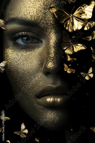 Stunning black and gold face makeup with butterflies.