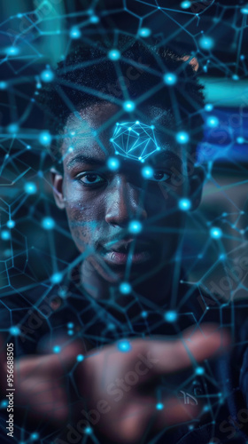 Wallpaper Mural A young man engages with futuristic technology, exploring digital networks and data visualization late at night in a tech-driven environment Torontodigital.ca