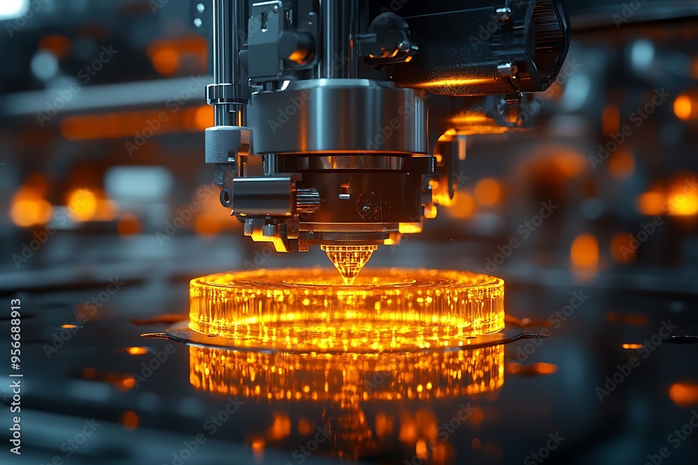 A 3D printer in action, illuminated by soft light, showcasing the innovative process of 3D printing. A 3D printer in action, illuminated by soft light, showcasing the innovative process of 3D printing.