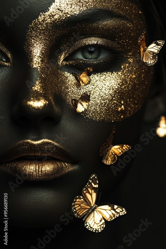 Chic black face makeup with glowing gold accents.