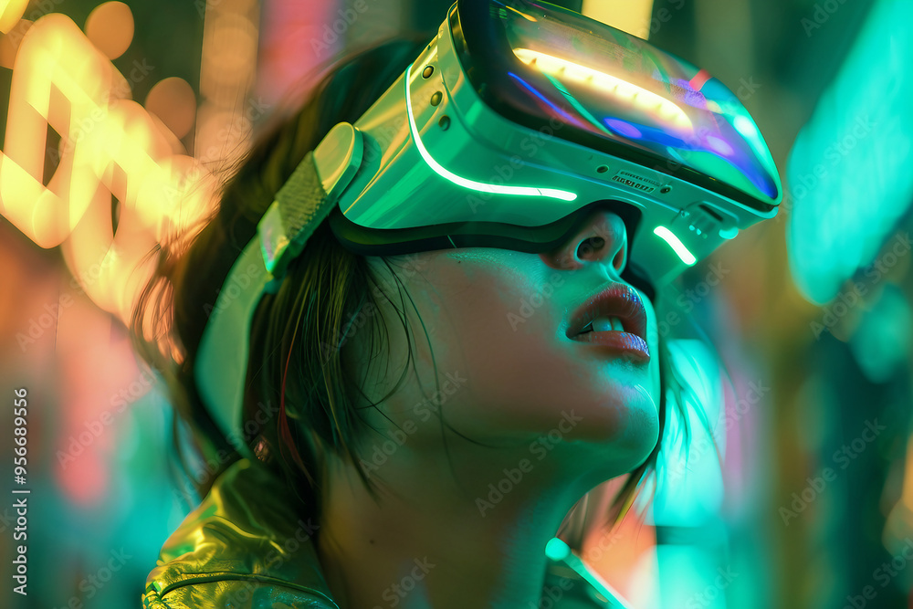 Obraz premium Fashion model person wearing futuristic shiny glamorous VR goggles watching cyberpunk video, Generative AI
