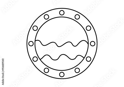 Hand drawn cute outline illustration of porthole. Flat vector circle window with ocean or sea line art doodle style. View from the ship or boat icon or print. Vacation or holiday summer trip. Isolated