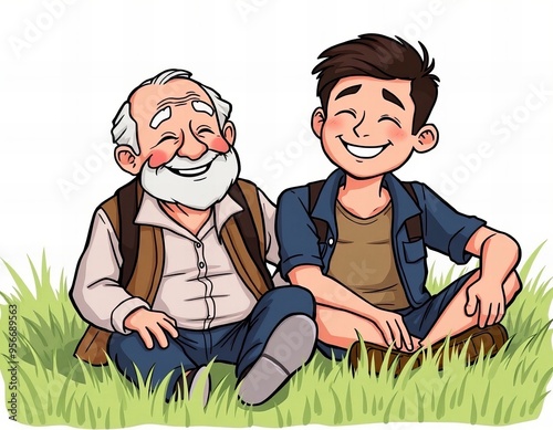 cartoon illustration of a man and a man sitting on the grass. photo