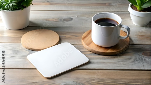 A white coffee mug sits on a wooden coaster. next to a blank white coaster on a rustic wooden table.