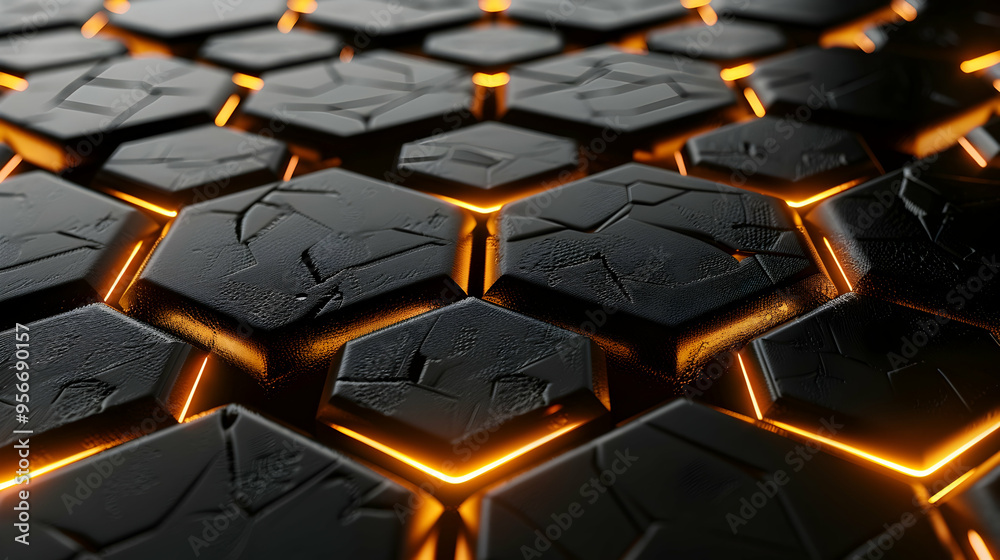 Luxury hexagonal abstract black metal background with golden light lines. Dark 3d geometric texture illustration. Bright grid pattern
