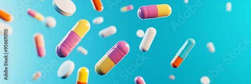 Colorful tablets and capsules float in the air against a blue background for healthcare