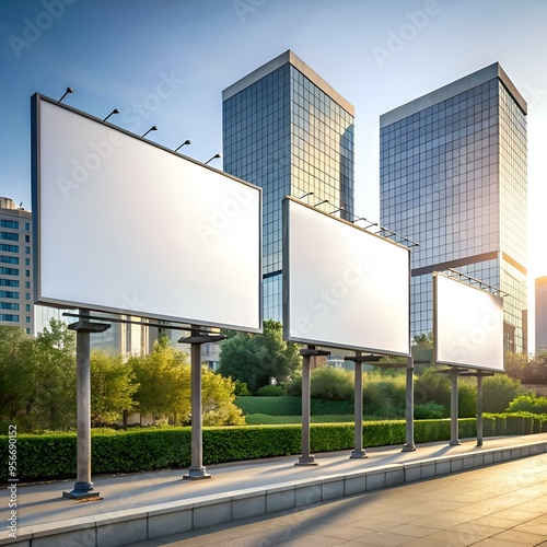 Wallpaper Mural Three blank billboards stand tall against a backdrop of modern skyscrapers. offering a prime location for advertising in a bustling urban setting. Torontodigital.ca