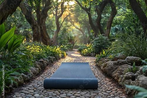 A yoga mat awaits on a stone path in a serene garden bathed in morning light. photo