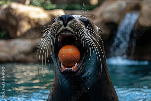 A California Sea Lion With an Open Mouth Holding an Orange Ball photo