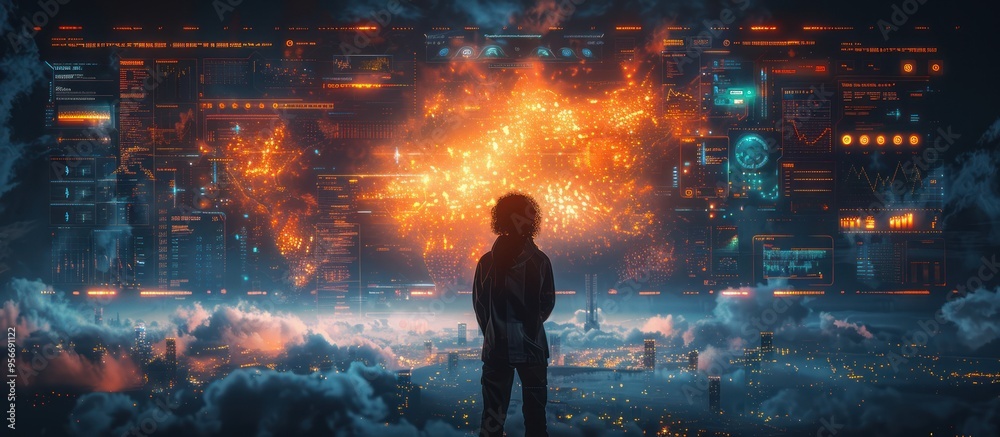 Fototapeta premium Silhouette of a Hacker Facing a Digital World Map