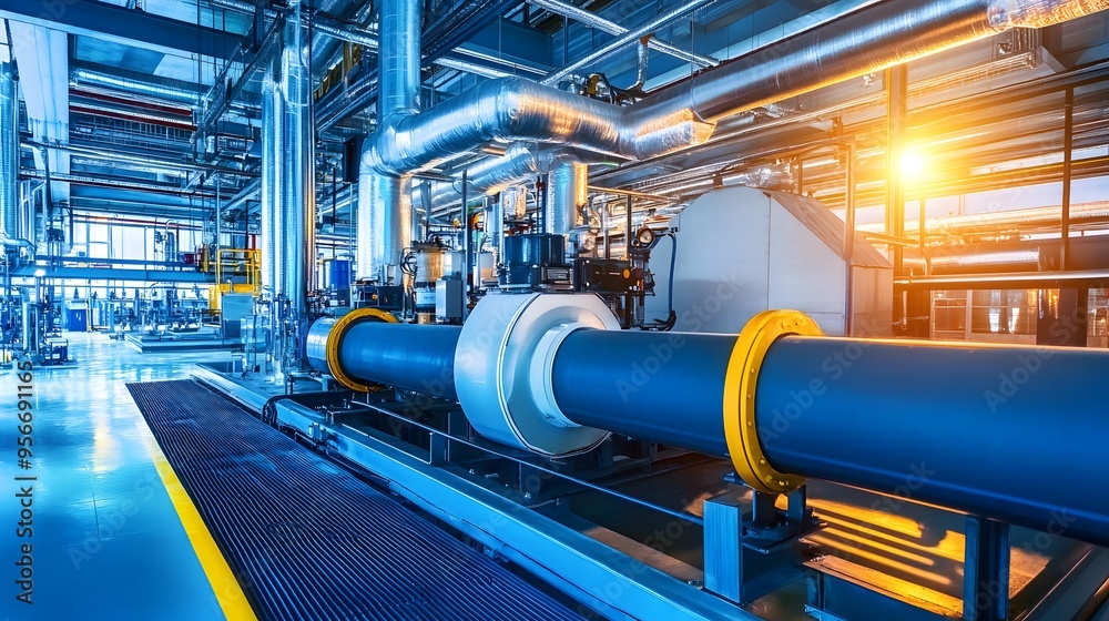 A factory with many machines and pipes. The machines are all different sizes and shapes. The pipes are yellow and white A factory with many machines and pipes. The machines are all different sizes and shapes. The pipes are yellow and white