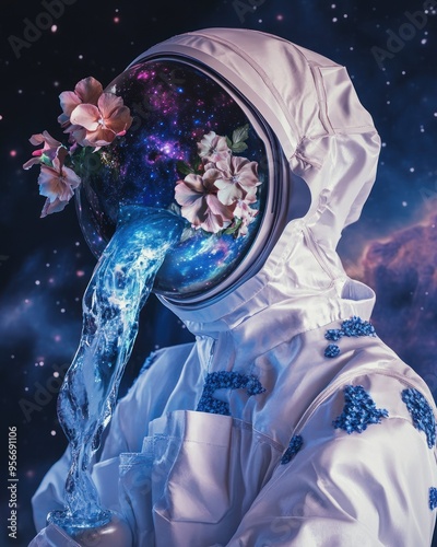 Astronaut with floral helmet and galaxy spilling water photo