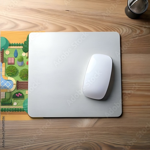 A top down view of a clean. white mouse on a metallic grey mousepad with a detailed garden design in the background.