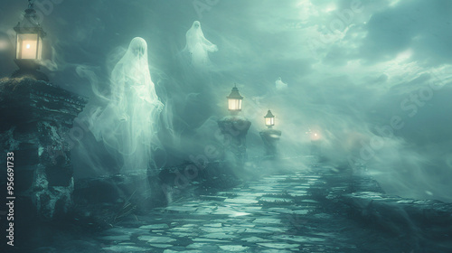 Ethereal Ghostly Apparitions in Fog A Spooky and Eerie Illustration