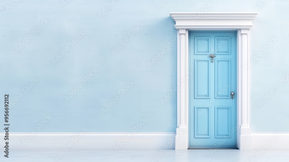 Fototapeta premium Serene entrance, charming blue door framed by white trim, minimalistic design against soft blue wall, inviting atmosphere and elegant simplicity.